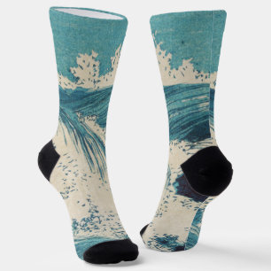Antique Japanese Woodblock Blue Ocean Waves Print Socks