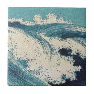 Antique Japanese Woodblock Blue Ocean Waves Print Tile