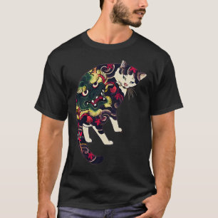 Antique Japanese Woodblock Print Cat with Flower T T-Shirt