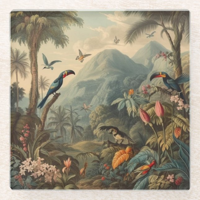 Antique Jungle Expedition Botanical  Glass Coaster (Front)