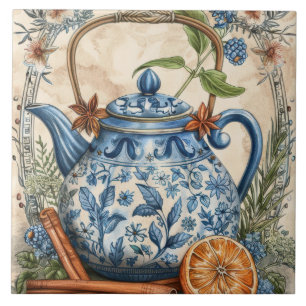 Antique Kettle Blue Lemons Cinnamon Tile