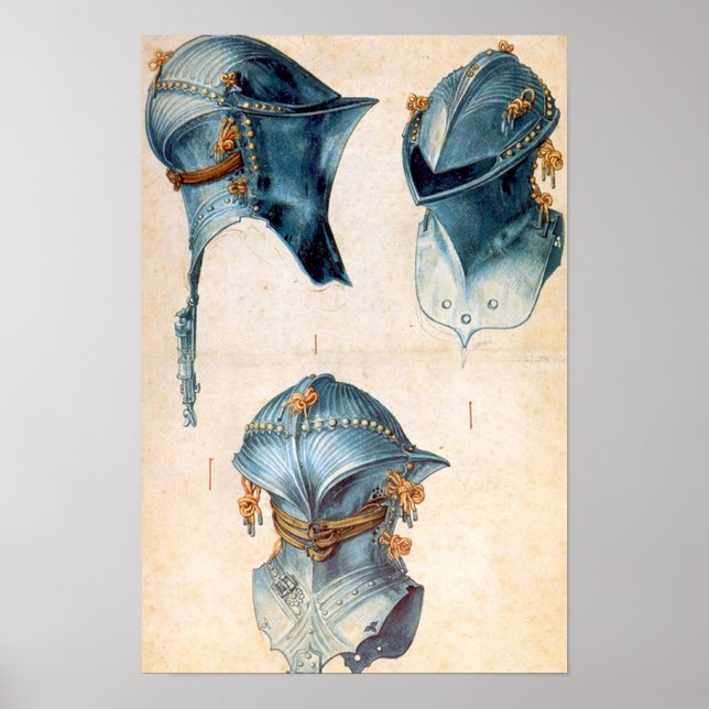 ANTIQUE KNIGHT ARMORS /THREE STUDIES OF A HELMET POSTER (Front)