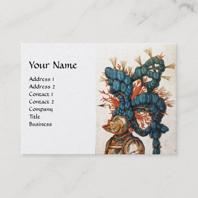 ANTIQUE KNIGHT HELMET AND RED BLUE FEATHERS Silver Business Card (Front)