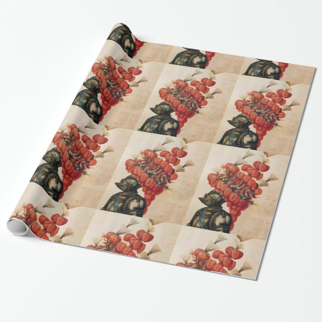 ANTIQUE KNIGHT HELMET ,DRAGONS AND RED F EATHERS WRAPPING PAPER (Unrolled)