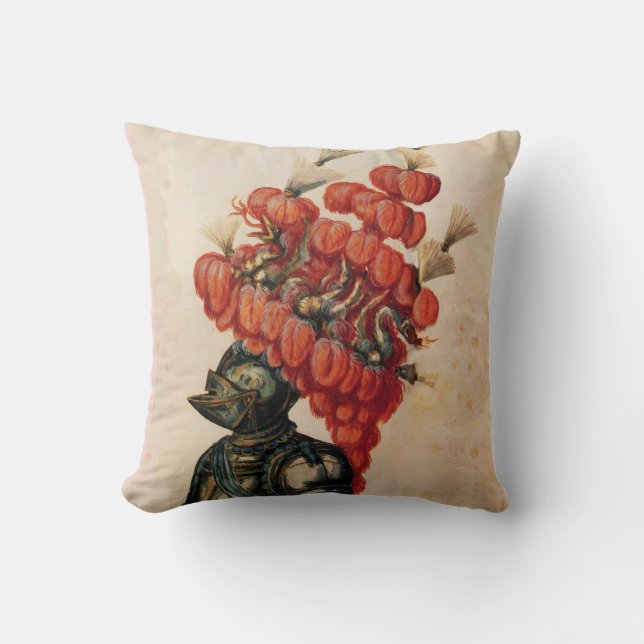ANTIQUE KNIGHT HELMET ,DRAGONS AND RED FEATHERS THROW PILLOW (Front)