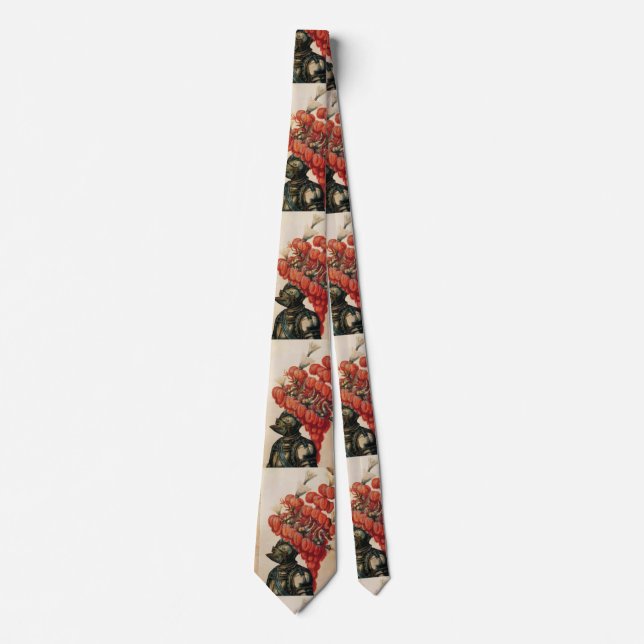 ANTIQUE KNIGHT HELMET ,DRAGONS AND RED FEATHERS TIE (Front)