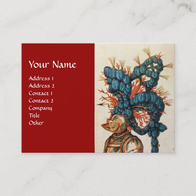 ANTIQUE KNIGHT HELMET WITH RED BLUE FEATHERS BUSINESS CARD (Front)