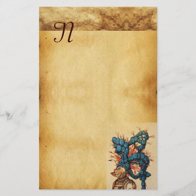 ANTIQUE KNIGHT HELMET WITH RED BLUE FEATHERS STATIONERY (Front)