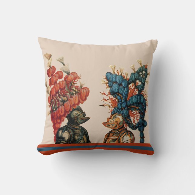 ANTIQUE KNIGHT HELMETS ,DRAGONS,RED BLUE FEATHERS THROW PILLOW (Front)