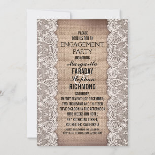 antique lace and rustic burlap engagement party invitation