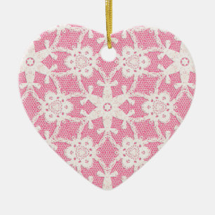 Antique lace - white and rose pink ceramic ornament