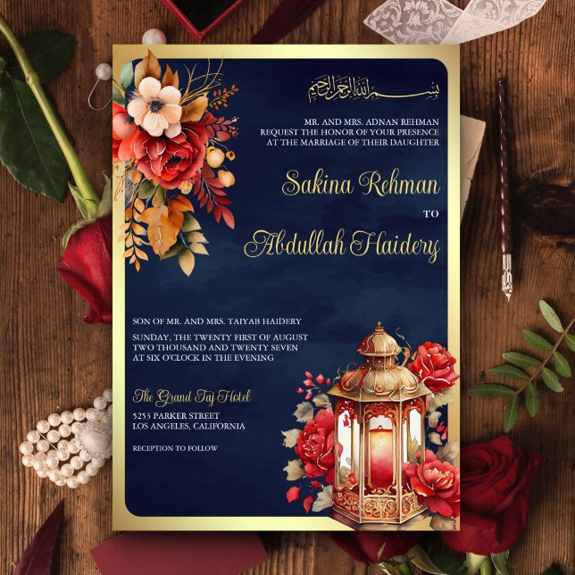 Antique Lantern Red Floral Navy Muslim Wedding Invitation (Creator Uploaded)
