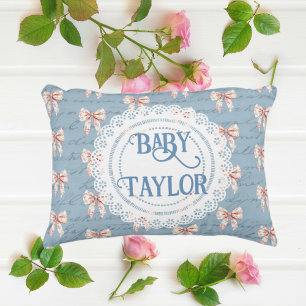 Antique Lettering Toile Bows Personalized Accent Pillow
