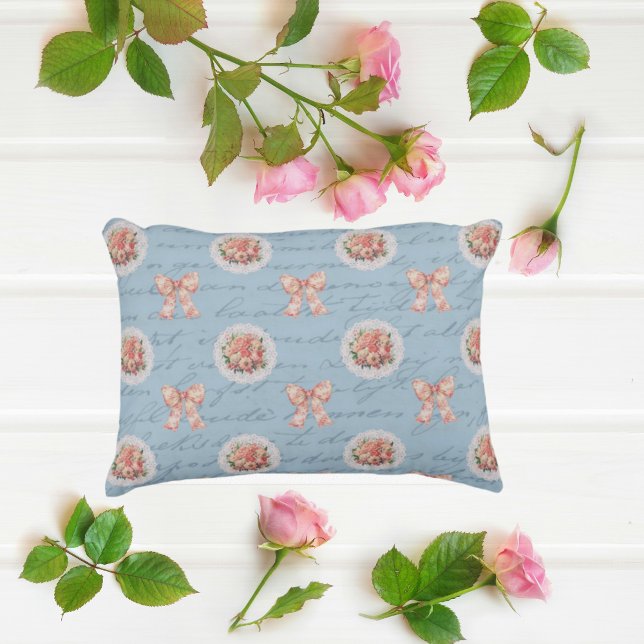 Antique Lettering Vintage Roses Toile Bows Accent Pillow (So vintage, so romantic!)