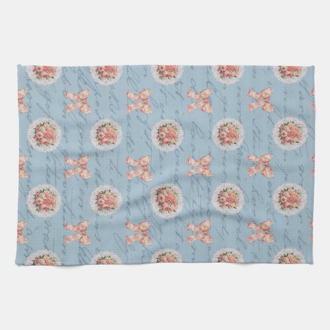 Antique Lettering Vintage Roses Toile Bows Kitchen Towel (Horizontal)