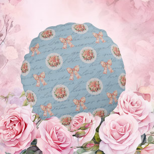 Antique Lettering Vintage Roses Toile Bows Round Pillow