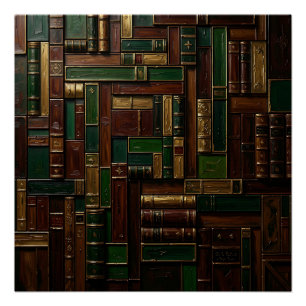 Antique Library Bookshelf Green Gold Poster