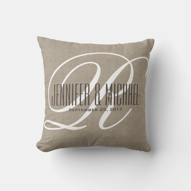 Antique Linen Look with White Monogram Throw Pillow (Front)