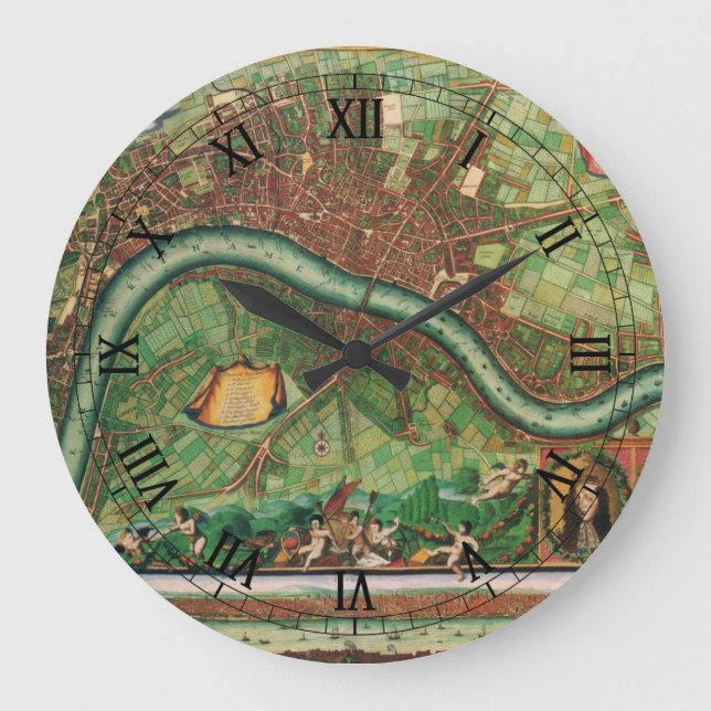 Antique London Street Map by Johannes de Ram, 1689 Large Clock (Front)