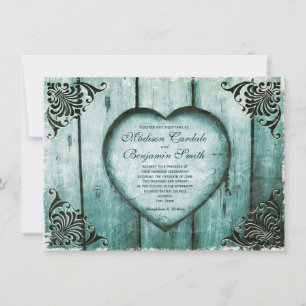 Antique Look Aqua Heart on Wood Wedding Invitation