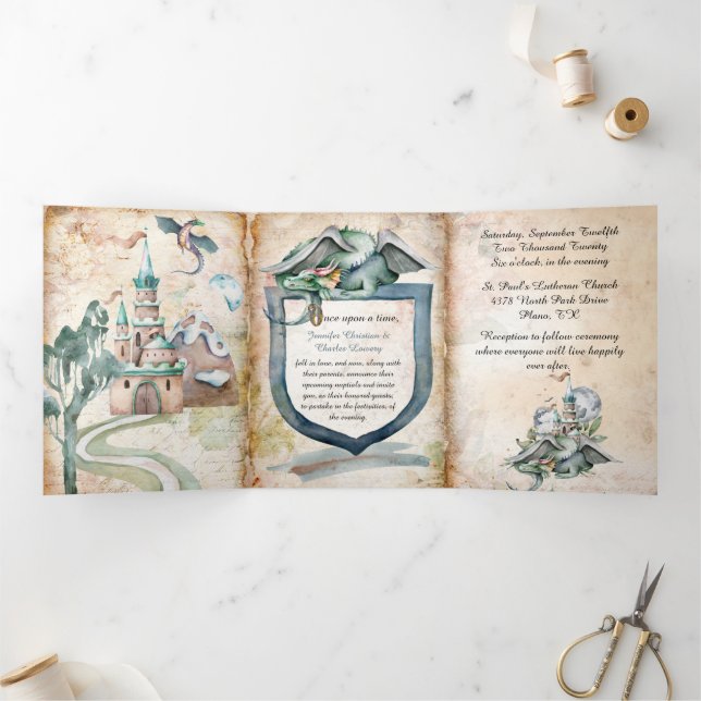 Antique Look Fairytale Dragon Wedding Tri-Fold Invitation (Inside)