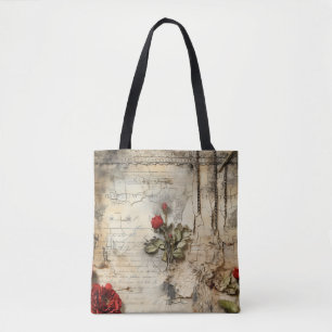 Antique Love Letter Calligraphy Floral Tote Bag