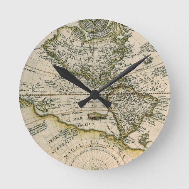 Antique Map, 1596, America Sive Novus Orbis Round Clock (Front)