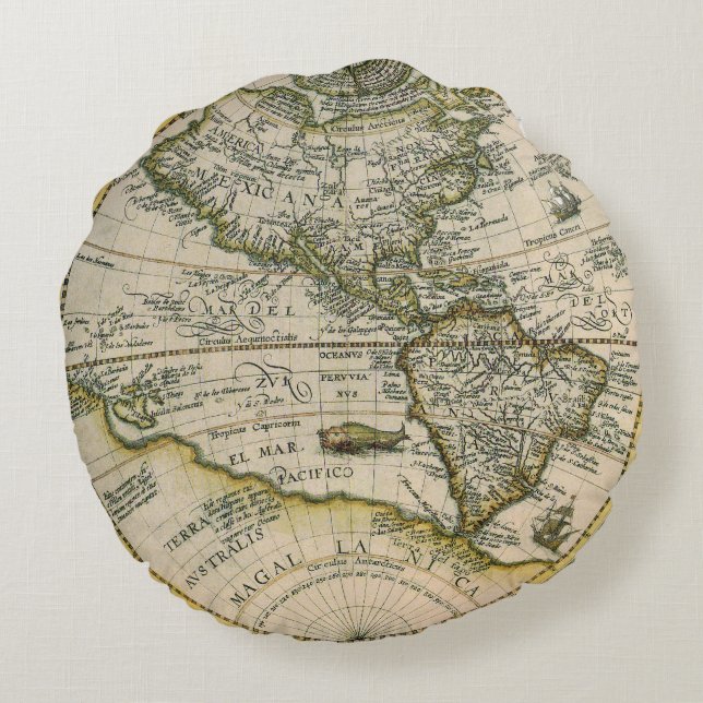Antique Map, 1596, America Sive Novus Orbis Round Pillow (Back)