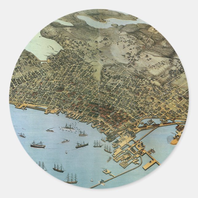 Antique Map Aerial View City of Seattle Washington Classic Round Sticker (Front)