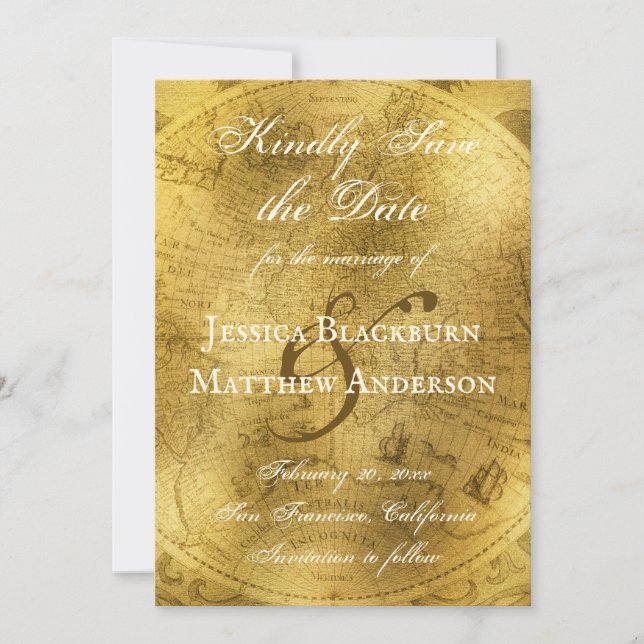 Antique Map Faux Gold Foil Customizable Script Save The Date (Front)
