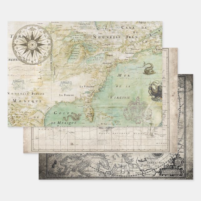 ANTIQUE MAP HEAVY WEIGHT DECOUPAGE WRAPPING PAPER SHEET (Set)
