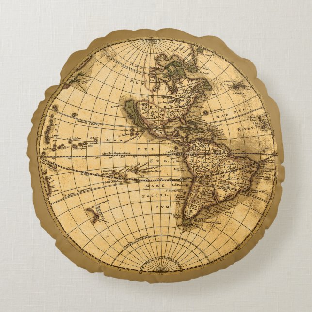 Antique Map in Sepia Colours Round Pillow (Front)