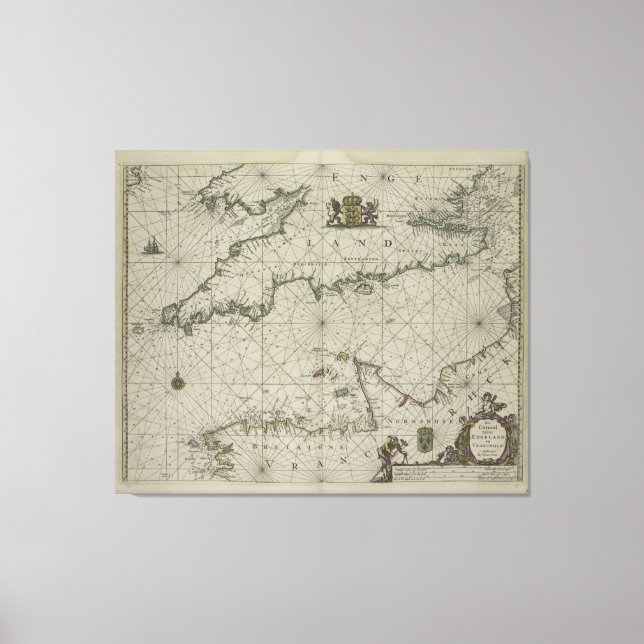 Antique Map of Channel, 1666 (colour engraving) Canvas Print (Front)