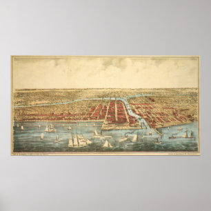 Antique Map of Chicago, LaSalle Street and River Poster