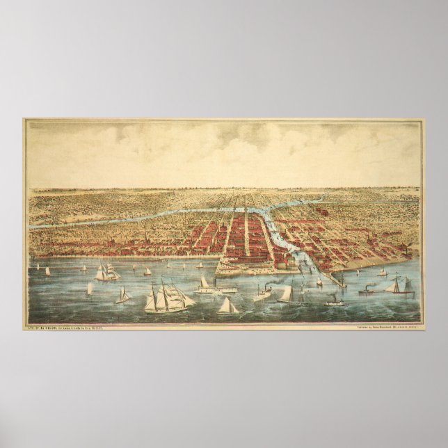 Antique Map of Chicago, LaSalle Street and River Poster (Front)