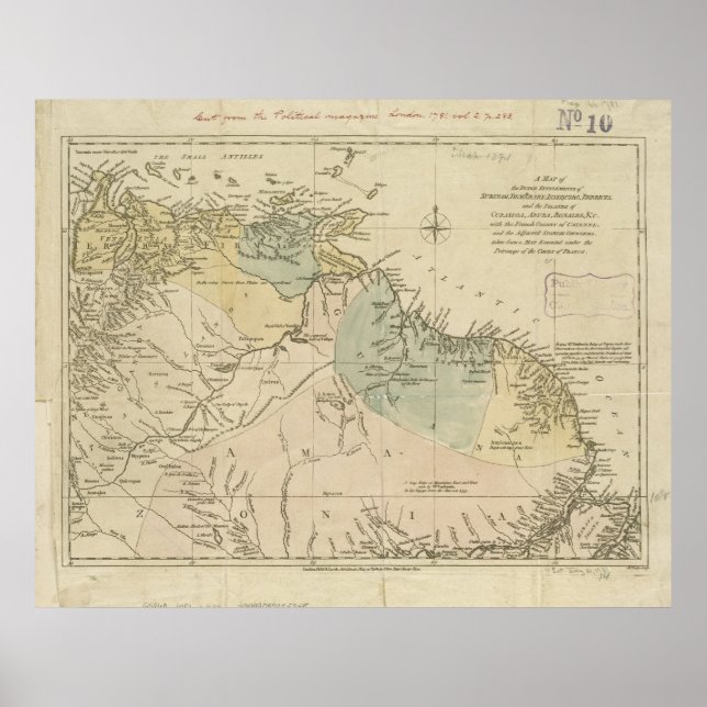 Antique Map of Curacao, Bonaire, Aruba, Suriname Poster (Front)