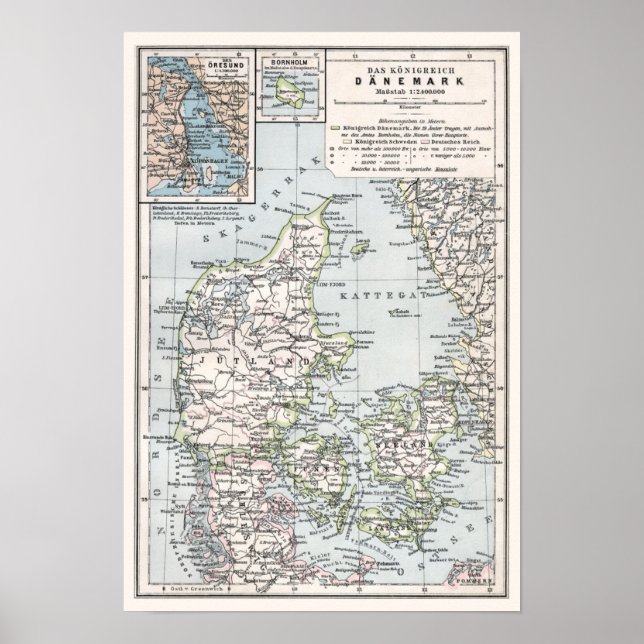 Antique Map of Denmark, Danemark, Danmark Poster (Front)