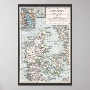 Antique Map of Denmark, Danmark in Danish, 1905 Poster