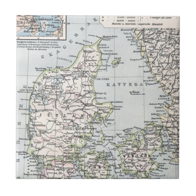 Antique Map of Denmark, Danmark in Danish, 1905 Tile (Front)