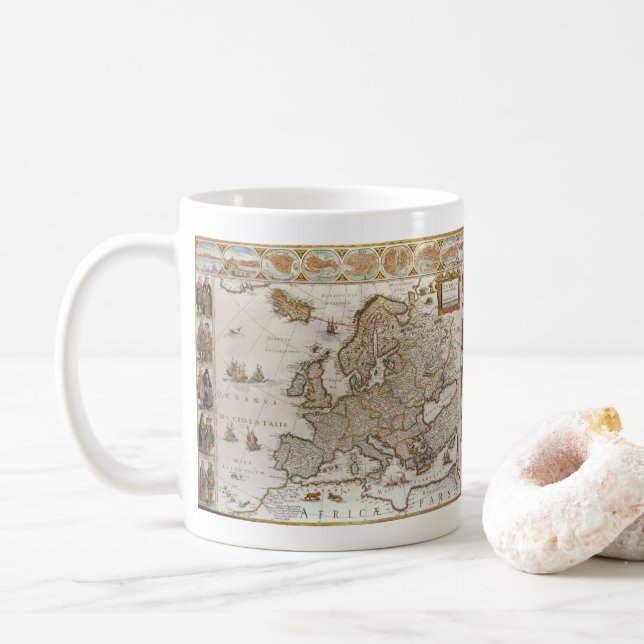 Antique Map of Europe by Willem Jansz Blaeu, c1617 Coffee Mug (With Donut)