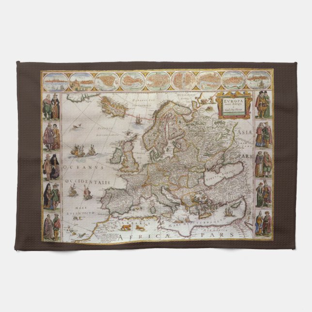 Antique Map of Europe by Willem Jansz Blaeu, c1617 Kitchen Towel (Horizontal)