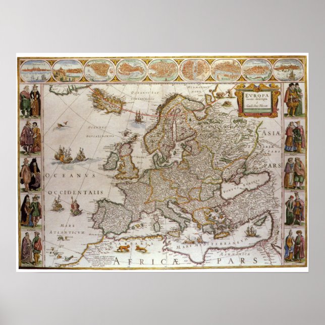 Antique Map of Europe by Willem Jansz Blaeu, c1617 Poster (Front)