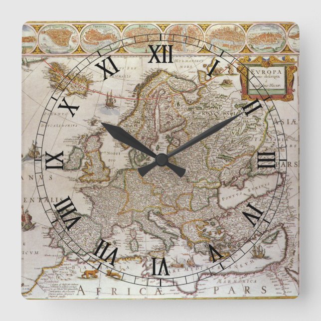 Antique Map of Europe by Willem Jansz Blaeu, c1617 Square Wall Clock (Front)