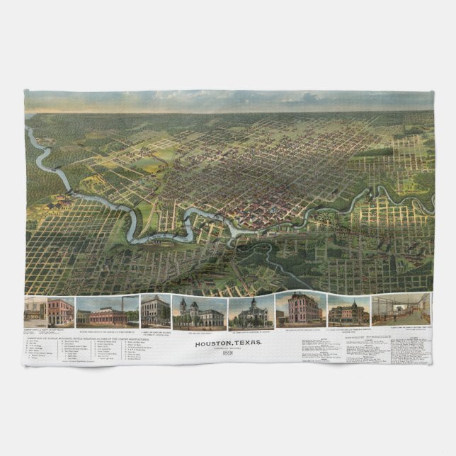 Antique Map of Houston, Texas with Buffalo River Kitchen Towel (Horizontal)