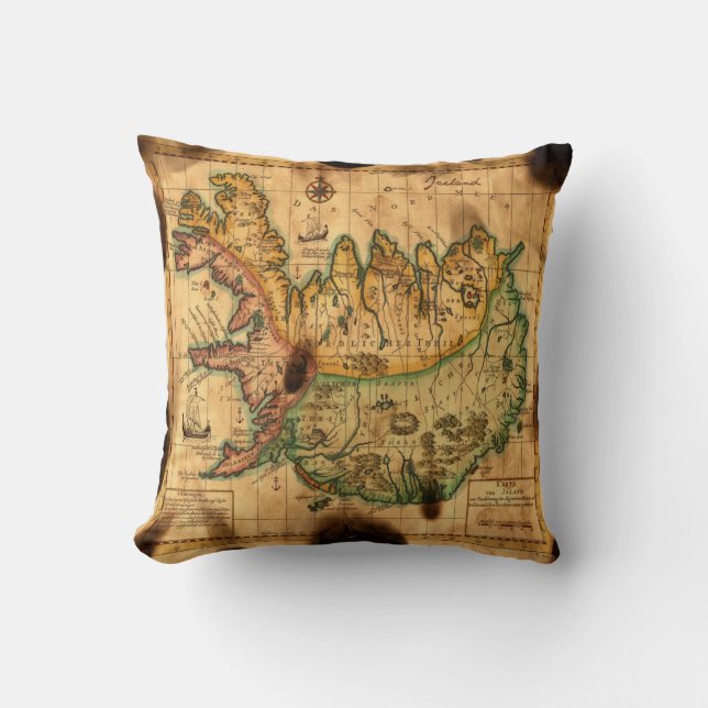 Antique Map of Iceland Throw Pillow (Front)