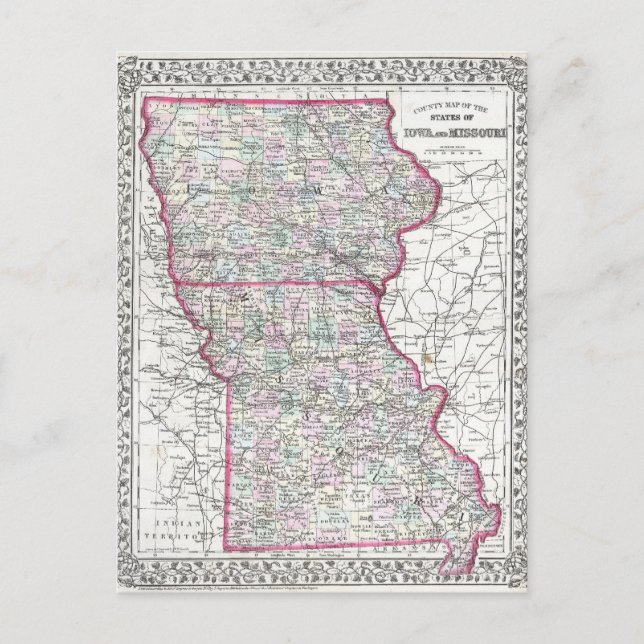 Antique Map of Iowa & Missouri circa 1874 Postcard (Front)
