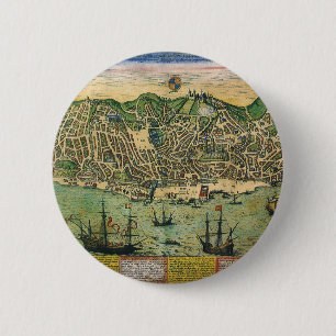 Antique Map of Lisbon, Portugal by Braun/Hogenberg 2 Inch Round Button
