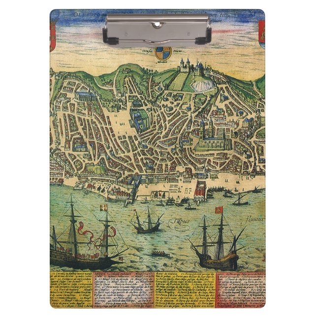 Antique Map of Lisbon, Portugal by Braun/Hogenberg Clipboard (Front)