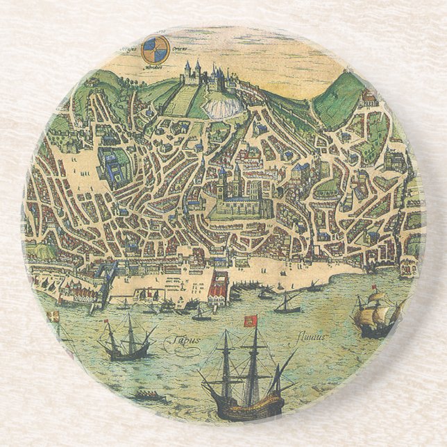 Antique Map of Lisbon, Portugal by Braun/Hogenberg Coaster (Front)