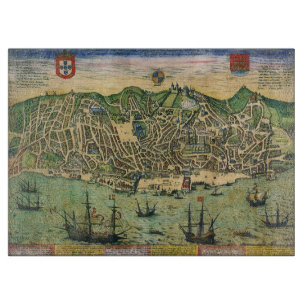 Antique Map of Lisbon, Portugal by Braun/Hogenberg Cutting Board